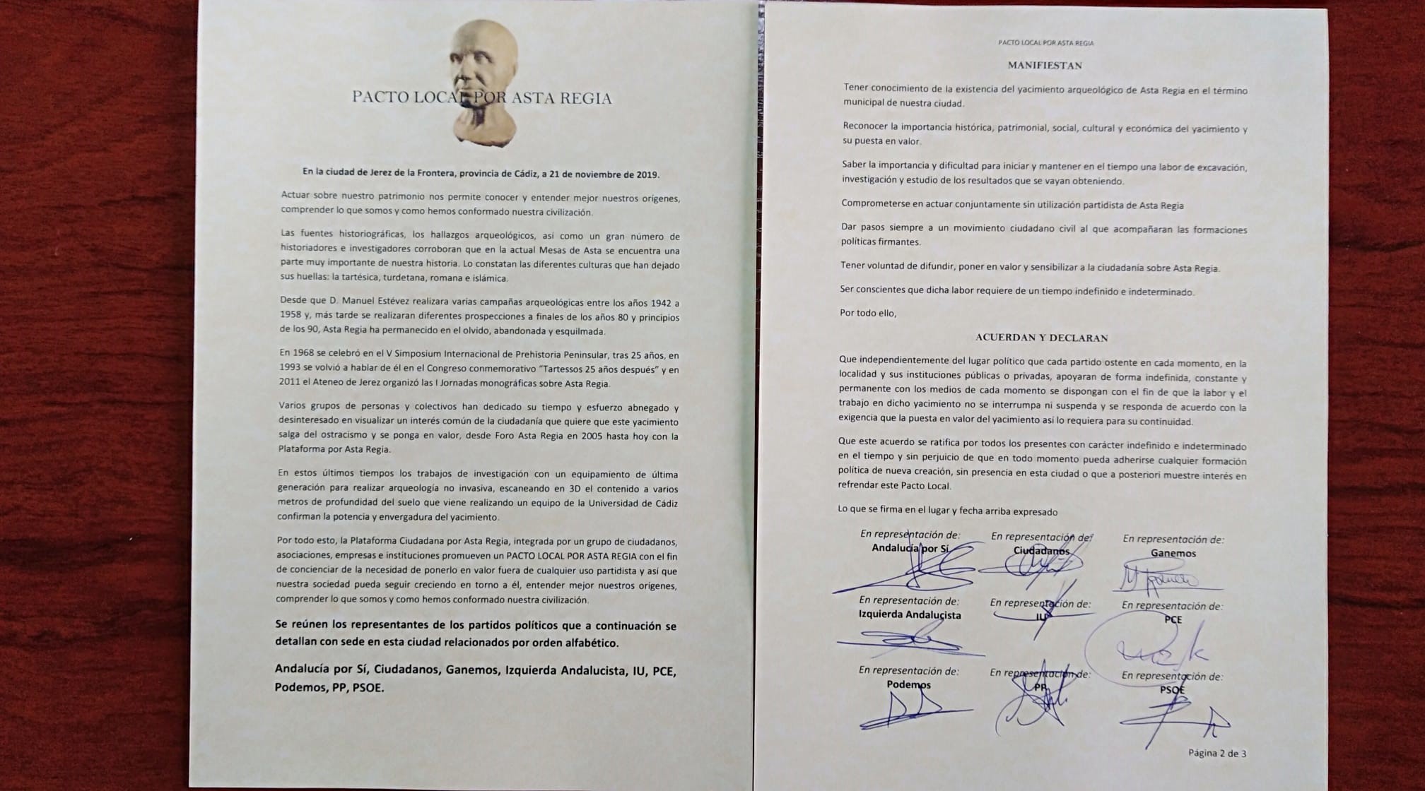 Documento firmado del Pacto local por Asta Regia. Jerez, 21 de noviembre de 2019.